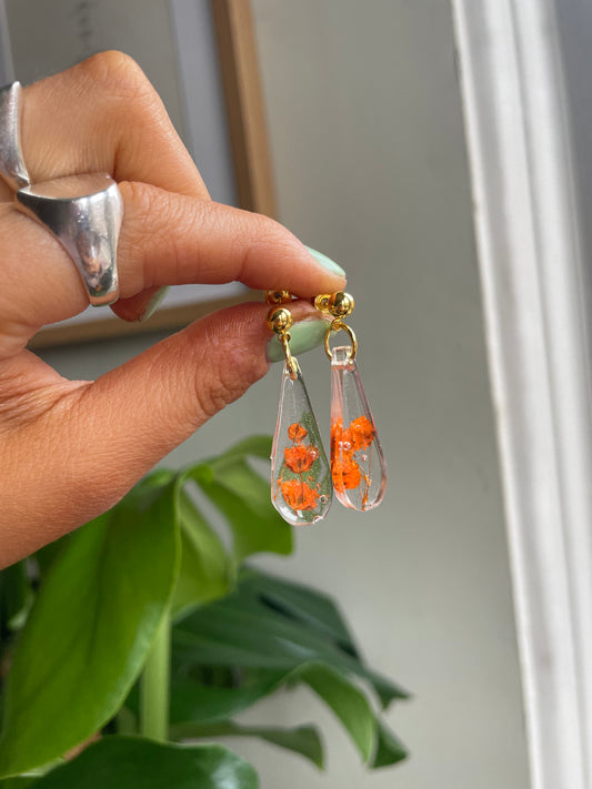 Orange Flower Stud Drop Earrings