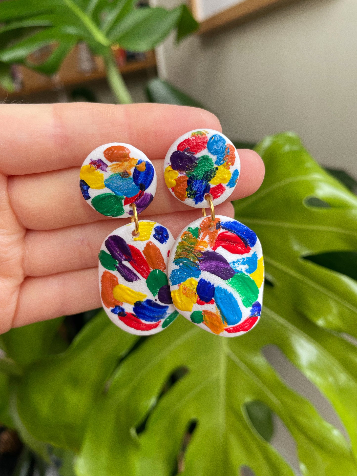 Hand Painted Textured Wavey Earrings - Rainbow